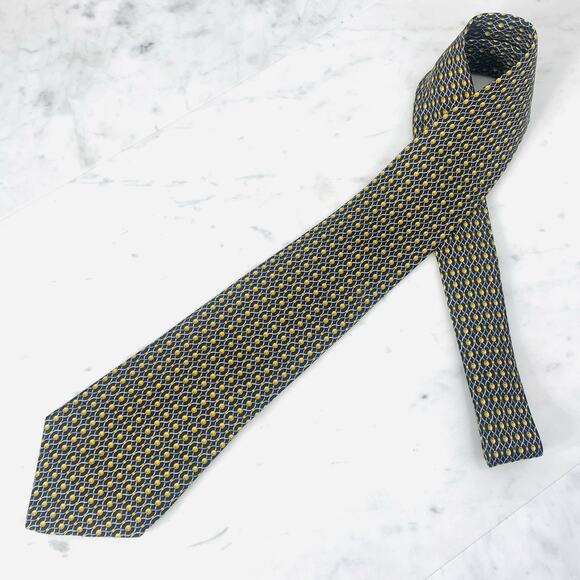 HERMES Tie 100% Silk Tie 56” x 3.25” Gold Dot on Black Geometric Preppy 7242 EUC - Picture 2 of 6